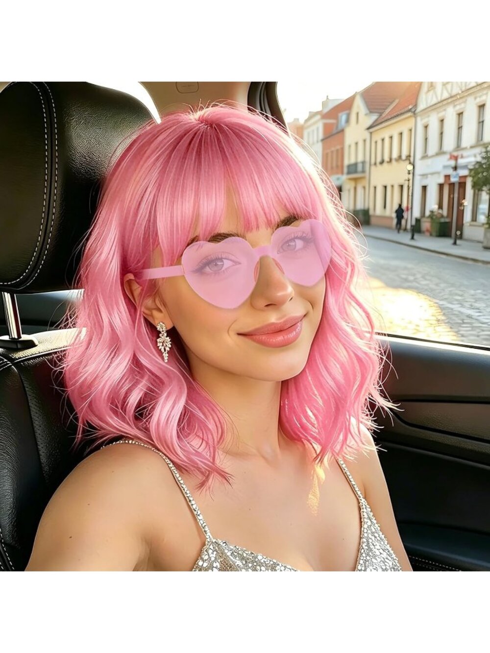 Women's Purple Curly Bob Synthetic Wigs Bangs With Neon Heart Sunglasses